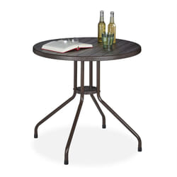 Tavolo da Giardino, Aspetto Legno, Tavolino Rotondo da Esterno, Plastica, Metallo, HxD: 75 x 80 cm, Marrone - Relaxdays