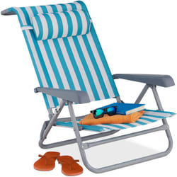 Relaxdays - Sedia Sdraio Pieghevole, Regolabile su 8 Livelli, Poggia-Testa Braccioli e Apribottiglie Laterale, Blu Bianco