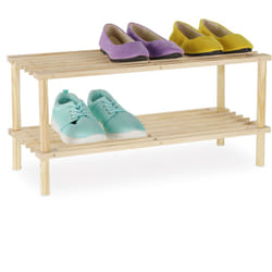 Scarpiera Bassa in Legno, Porta Scarpe, 2 Ripiani a Vista, 4 Paia di Calzature, HxLxP: 29,5x63x26 cm, Naturale - Relaxdays
