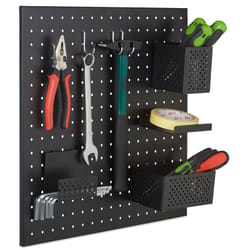 Pannello Portautensili con 9 Accessori, Parete con Ganci Porta Utensili e Fori, Parete Banco da Lavoro, Nero - Relaxdays