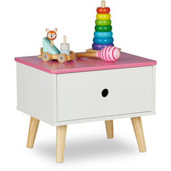 Comodino da Letto per Bambini, con Cassetto, hlp 31 x 38 x 30 cm, Cameretta Bimbi, Legno e mdf, Bianco Rosa - Relaxdays