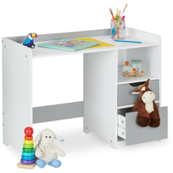 Relaxdays Scrivania per Bambini, 2 Cassetti, Ripiano Aperto, Tavolo per Scolari, HxLxP 60x80x38 cm, MDF, Bianco Grigio