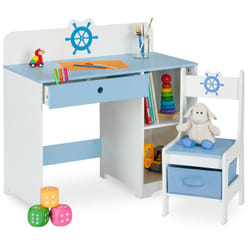 Relaxdays - Scrivania e Sedia per Bambini, con Cassetto e 2 Ripiani Aperti, in mdf, Motivo Timone della Nave, Bianco Blu