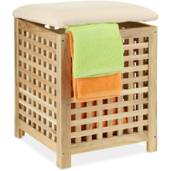 Pouf Portabiancheria, Sgabello Contenitore in Legno di Noce, Bagno, hlp: 50x39x39 cm, 45 l, Marrone Naturale - Relaxdays