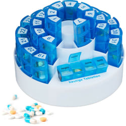 Relaxdays Contenitore Portapillole, Mensile 31 Scomparti, 4 Sezioni per Giorno, Plastica BPA Free, Tedesco, Bianco/Blu