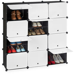 Relaxdays Scarpiera in Plastica, 24 Scomparti Chiusi con Ante, Scaffale Porta Scarpe, HxLxP: 125x125x32 cm, Bianco/Nero
