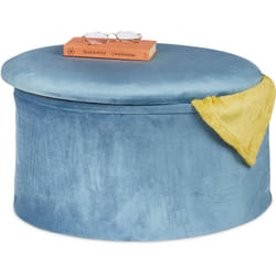 Pouf Contenitore Rotondo, Sgabello Poggiapiedi Imbottito, Puffo in Stoffa di Velluto, 31 x 57 cm, Celeste - Relaxdays