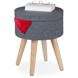 Pouf Contenitore Rotondo, Sgabello Poggiapiedi Imbottito, con Gambe in Legno, 45,5 x 37 cm, Grigio e Marrone - Relaxdays