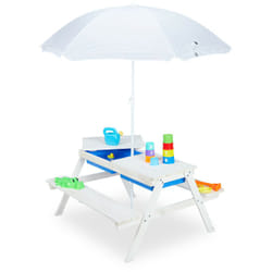 Tavolino da Bambini per Esterno, Tavolo da Picnic per Giardino, Set Due Panche e Ombrellone, Legno, Bianco - Relaxdays
