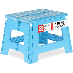 Sgabello Pieghevole, Sgabellino Antiscivolo con un Gradino e Manico, fino a 120 kg, 22,5 x 32 x 25 cm, Blu - Relaxdays