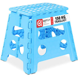 Sgabello Pieghevole, Sgabellino Antiscivolo con un Gradino e Manico, fino a 120 kg, 32,5 x 37 x 30 cm, Blu - Relaxdays