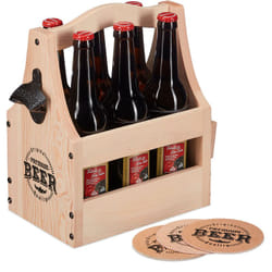 Relaxdays - Portabottiglie in Legno per 6 Bottiglie di Birra, Apribottiglie e Sottobicchieri, Cesto con Manico, Naturale