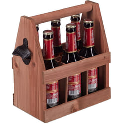 Relaxdays Portabottiglie in Legno per 6 Bottiglie di Birra, Portabirra con Apribottiglie, Cesto con Manico, Marrone