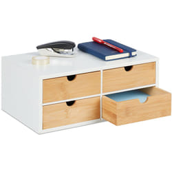 Relaxdays - Organizer da Scrivania, Bambù e mdf, Portaoggetti Salvaspazio con 4 Cassetti, hlp 14x33x21 cm, Bianco/Naturale