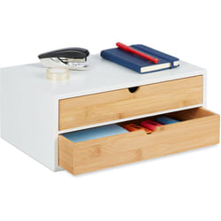 Organizer da Scrivania, Bambù e mdf, Portaoggetti Salvaspazio con 2 Cassetti, hlp 14x33x21 cm, Bianco/Naturale - Relaxdays