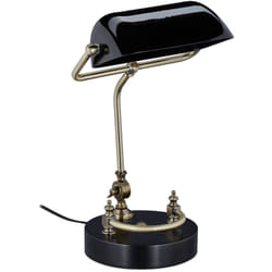 Relaxdays - Lampada da Tavolo Vintage, Paralume Inclinabile in Vetro, Base in Legno, E27, da Scrivania Biblioteca, Nero