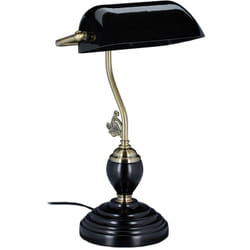 Relaxdays Lampada da Tavolo Vintage, Paralume Inclinabile in Vetro, Base in Legno, E27, da Scrivania Banchiere, Nero