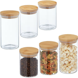 Relaxdays - Set da 6 Barattoli, Recipienti in Vetro con Coperchio Bambù, 650 ml, 800 ml & 1 litro, Trasparente Naturale