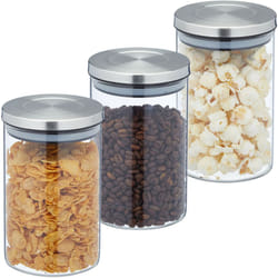 Relaxdays - Set da 3 Barattoli per Alimenti, Recipienti in Vetro con Coperchio Acciaio Inox, 800 ml, Trasparente Argentato