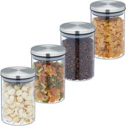 Relaxdays - Set da 4 Barattoli per Alimenti, Recipienti in Vetro con Coperchio Acciaio Inox, 750 ml, Trasparente Argentato