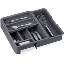 Portaposate da Cassetto Allungabile, hlp 6,5 x 23,5-40 x 31,5 cm 7 Scomparti Divisore per Posate, Grigio Scuro - Relaxdays
