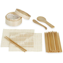 Relaxdays - Kit in Bambù per Sushi, 2 Tovagliette, Vaporiera, 20 Paia di Bacchette, Cucchiaio, Spatola per Riso, Marrone