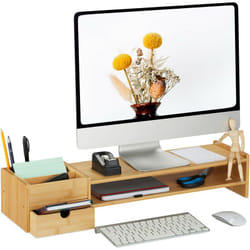 Relaxdays - Supporto per Monitor da Scrivania, Rialzo per Schermo pc, Cassetto e 5 Scomparti, hlp 13x70x19 cm, Naturale