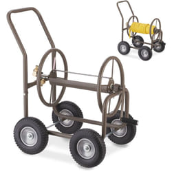 Relaxdays - Carrello Avvolgitubo da Giardino, 4 Ruote in Gomma Piena, per Tubi da 60m, Raccordi a Scatto, Acciaio, Marrone