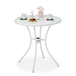 Tavolino da Giardino, con Foro per Ombrellone, in Acciaio Inox, Rotondo, Effetto Griglia, HxD 72x70 cm, Bianco - Relaxdays