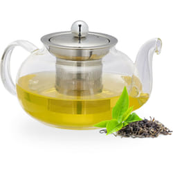 Relaxdays - Teiera con Filtro, in Vetro Borosilicato e Acciaio Inox, 600 ml, Colino a Maglia Fina, Trasparente Argentato