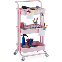 Carrello da Cucina con Ruote, 3 Ripiani, 2 Freni, Portaoggetti per Bagno e Ufficio, HxLxP: 86x43x42 cm, Rosa - Relaxdays