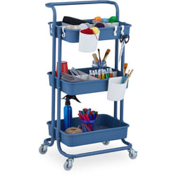 Carrello da Cucina con Ruote, 3 Ripiani, 2 Freni, Portaoggetti per Bagno e Ufficio, HxLxP 86x43x42 cm, Blu - Relaxdays