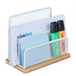Relaxdays - Organizer da Scrivania, Bambù e Metallo, Portadocumenti, 3 Scomparti, HxLxP 15x18,5x10 cm, Naturale Bianco