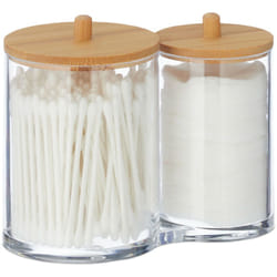 Relaxdays Porta Cotton Fioc, Bagno, Dispenser per Dischetti di Cotone, Plastica, Coperchi in Bambù, Naturale Trasparente