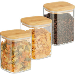 Relaxdays - Set da 3 Barattoli per Alimenti con Coperchio in Bambù, Recipienti in Vetro, 900 ml, Trasparente Naturale