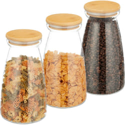 Relaxdays - Set da 3 Barattoli per Alimenti con Coperchio in Bambù, Recipienti in Vetro, 1400 ml, Trasparente Naturale