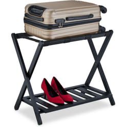 Portavaligie, Pieghevole, in Bambù e Nylon, HxLxP: 59 x 68 x 40 cm, 2 Ripiani, Arredo per Camera e Hotel, Nero - Relaxdays