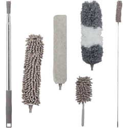 Relaxdays - Set di Spolverini per Polvere, 3 Inserti, 1 Spazzolone Asta Telescopica fino 2,5 m Lavabile Pieghevole, Grigio