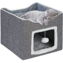 Relaxdays - Casa per Gatti, Cuccia Morbida Pieghevole, hlp 32x40x40 cm, 2 Cuscini, Grattatoio e Palla per Giocare, Grigio