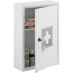 Relaxdays - Armadietto Pronto Soccorso per Medicinali, Cassetta con Chiusura di Sicurezza, 32 x 21,5 x 8 cm, Bianco Grigio, Ferro
