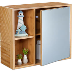 Relaxdays - Mobiletto Pensile da Bagno, Scomparti Aperti, Anta a Specchio, Armadietto da Parete, 45x54,5x20 cm, Naturale
