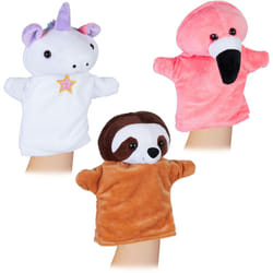 Relaxdays - Burattini di Peluche, Set da 3 Animali, Unicorno, Bradipo, Fenicottero, Marionette da Mano Morbide, Colorate
