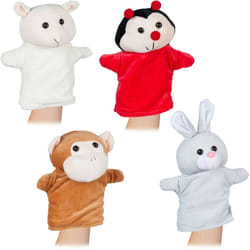 Relaxdays - Burattini di Peluche, Set da 4 Animali, Coniglietto, Pecorella, Scimmia, Marionette da Mano Morbide, Colorate