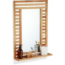 Relaxdays - Specchio da Parete da Bagno, Specchiera Rettangolare con Ripiano e Cornice in Legno, 70 x 50 x 12 cm, Marrone