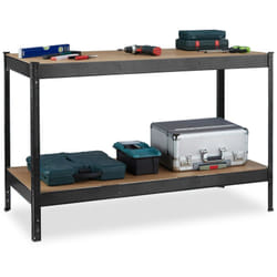 Relaxdays Banco da Lavoro Officina, Tavolo da Garage, 2 Scaffali, Altezza Regolabile, Acciaio e MDF, 91x141x61 cm, Nero