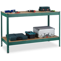 Banco da Lavoro Officina, Tavolo da Garage, 2 Scaffali, Altezza Regolabile, Acciaio e mdf, 91x141x61 cm, Verde - Relaxdays