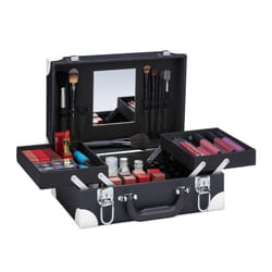 Valigetta per Trucchi, Organizer Make-Up per Cosmetici con Specchio, hlp 12,5 x 31 x 23 cm, Vuoto, Nero Bianco - Relaxdays