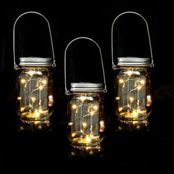 Relaxdays - Set da 3 Lampade Solari in Vetro, Lanterna a Barattolo con Manico e 8 Luci a led ognuno, Sensore, Trasparente