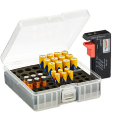 Custodia Portabatterie con Tester, per 60 Pile aa e aaa 5,5x15x15,5 cm, Scatola per Batterie, Trasparente/Nero - Relaxdays
