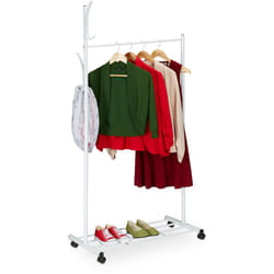 Relaxdays - Appendiabiti con Rotelle, HxLxP: 165 x 80 x 44 cm, Metallo, Stand con Ripiano, Portascarpe, Bianco
